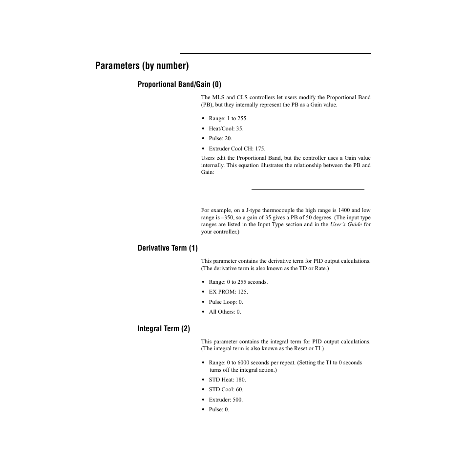 Parameters (by number), Proportional band/gain (0), Derivative term (1) | Integral term (2) | Watlow CLS200, MLS300 and CAS200 User Manual | Page 51 / 92