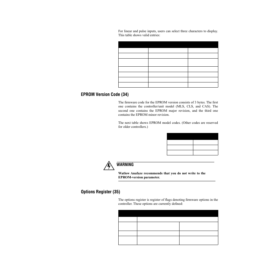 Eprom version code (34), Options register (35), Eprom version code (34) options register (35) | Watlow CLS200, MLS300 and CAS200 User Manual | Page 64 / 92