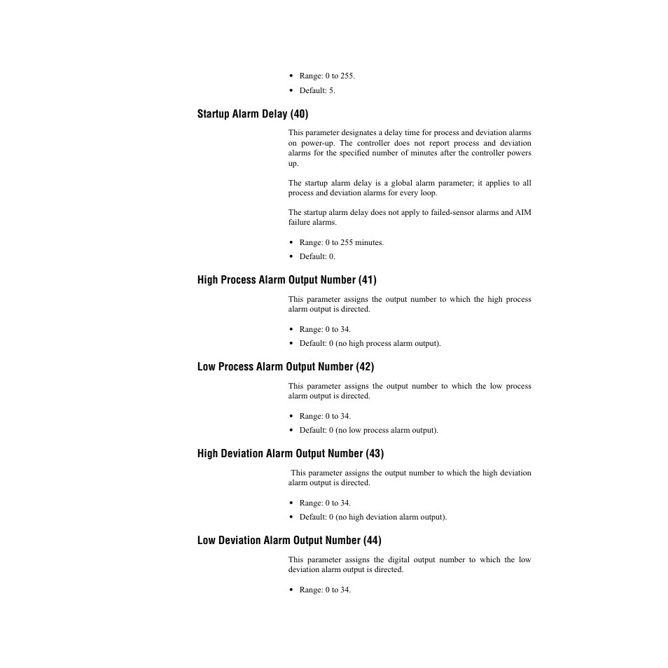 Startup alarm delay (40), High process alarm output number (41), Low process alarm output number (42) | High deviation alarm output number (43), Low deviation alarm output number (44) | Watlow CLS200, MLS300 and CAS200 User Manual | Page 66 / 92