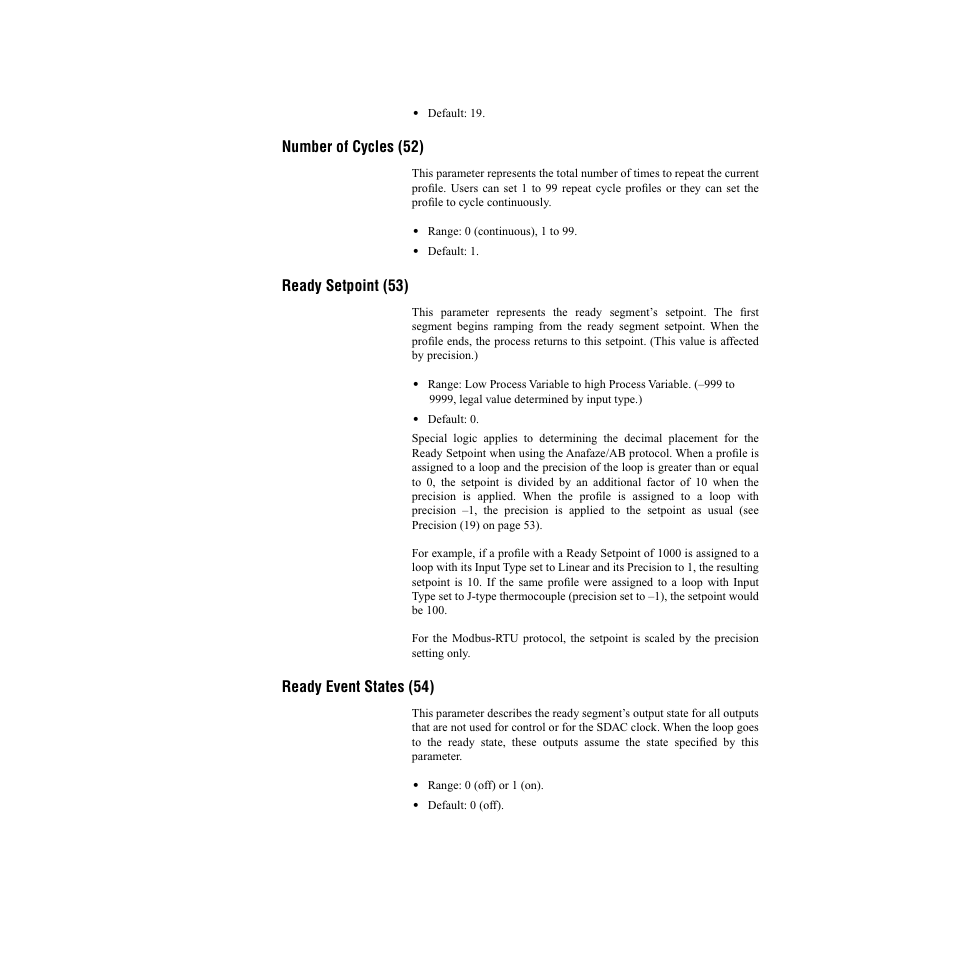 Number of cycles (52), Ready setpoint (53), Ready event states (54) | Watlow CLS200, MLS300 and CAS200 User Manual | Page 69 / 92