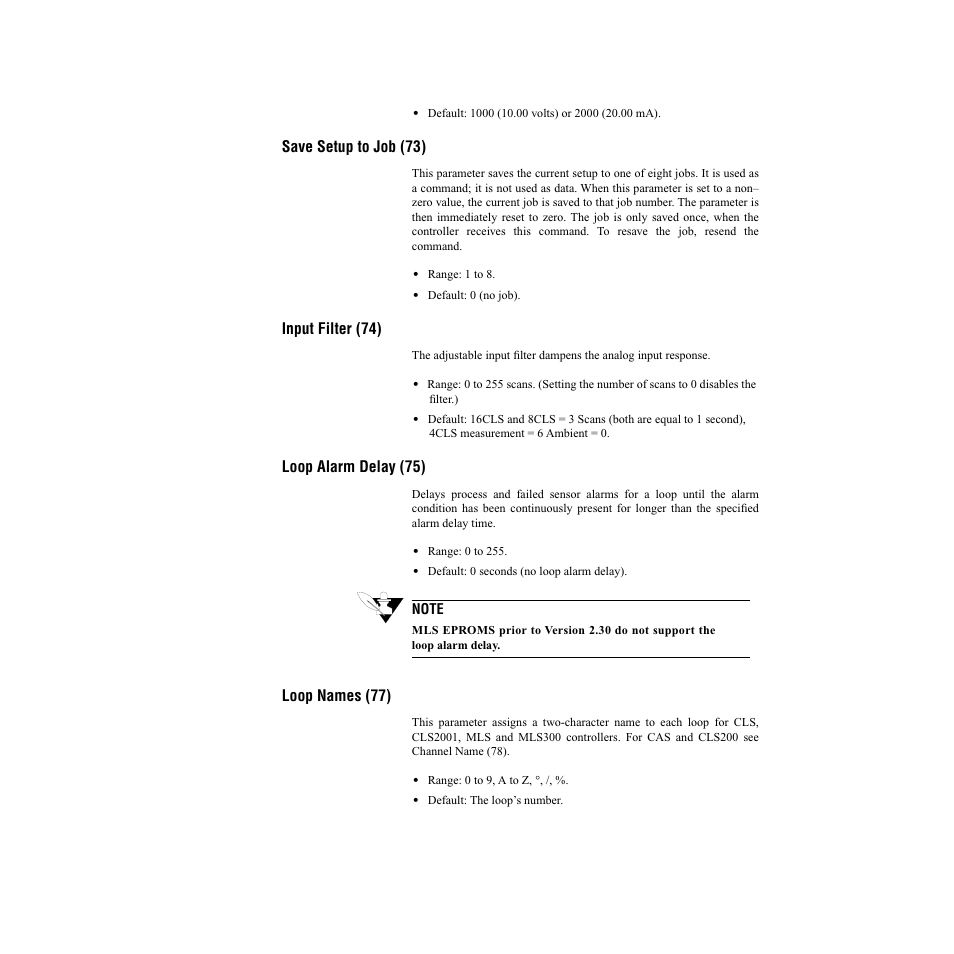 Save setup to job (73), Input filter (74), Loop alarm delay (75) | Loop names (77) | Watlow CLS200, MLS300 and CAS200 User Manual | Page 77 / 92