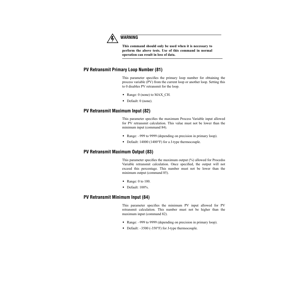 Pv retransmit primary loop number (81), Pv retransmit maximum input (82), Pv retransmit maximum output (83) | Pv retransmit minimum input (84) | Watlow CLS200, MLS300 and CAS200 User Manual | Page 79 / 92