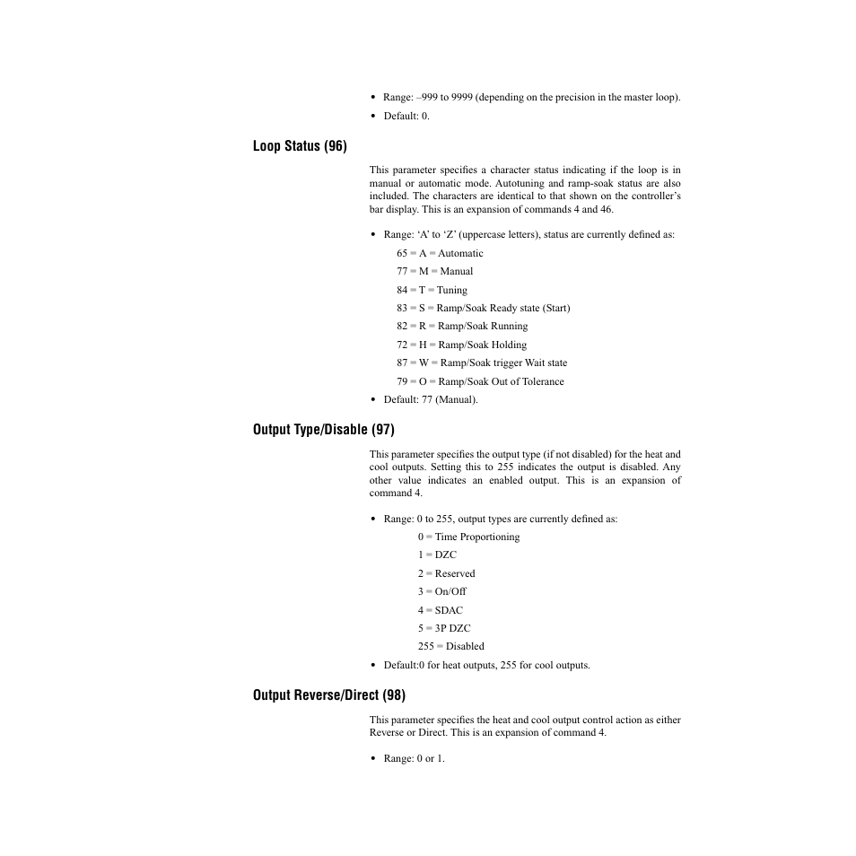 Loop status (96), Output type/disable (97), Output reverse/direct (98) | Watlow CLS200, MLS300 and CAS200 User Manual | Page 82 / 92