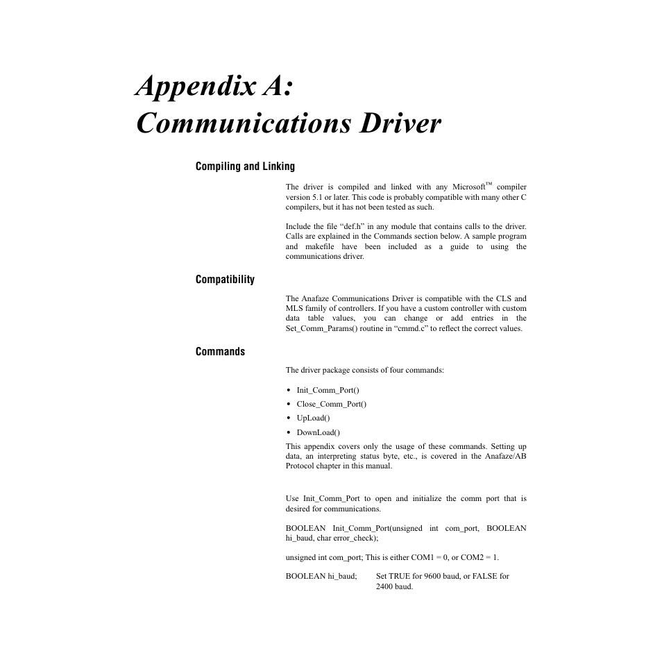 Appendix a: communications driver, Compiling and linking, Compatibility | Commands, Init_comm_port(), Compiling and linking compatibility commands | Watlow CLS200, MLS300 and CAS200 User Manual | Page 85 / 92