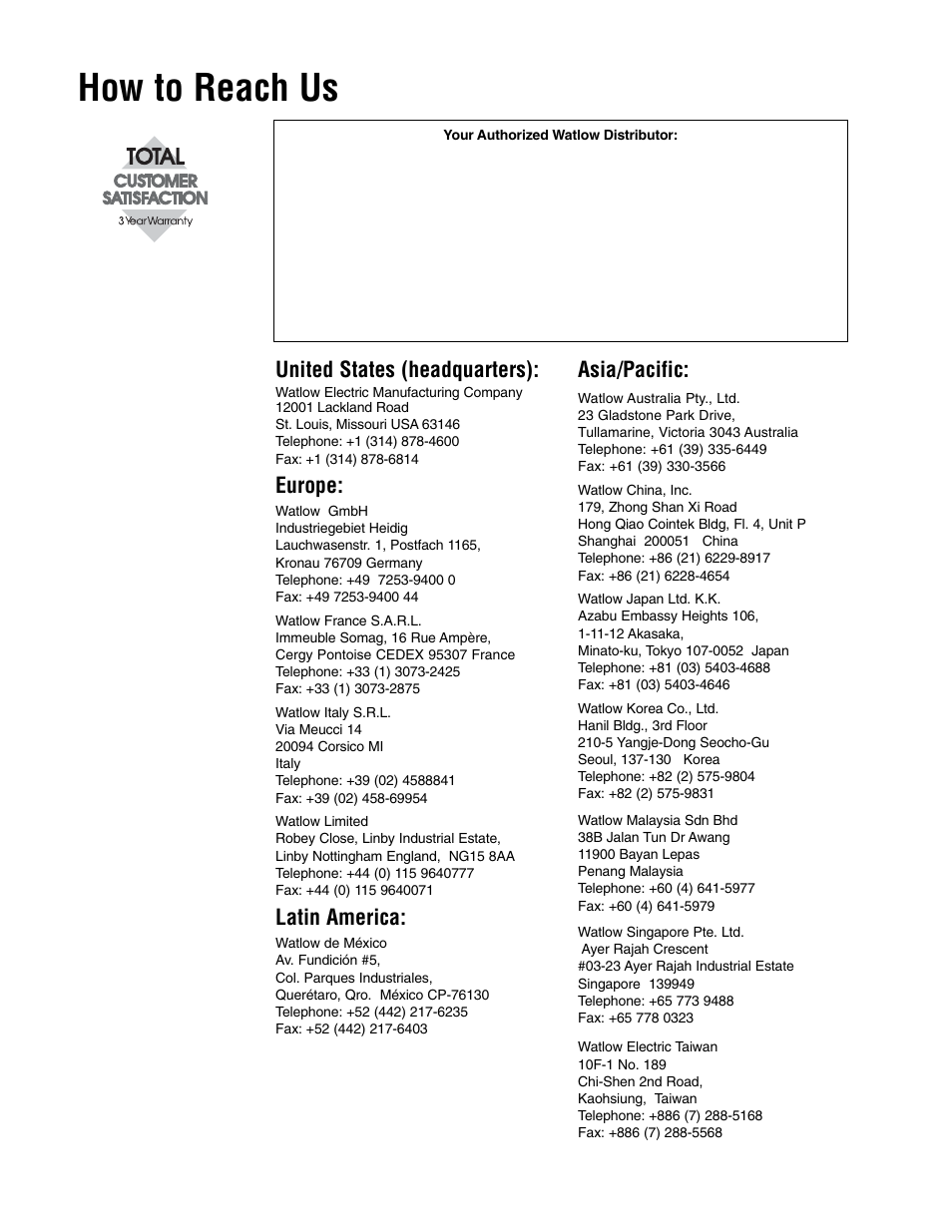 How to reach us, United states (headquarters), Europe | Latin america, Asia/pacific | Watlow Control Console User Manual | Page 12 / 12