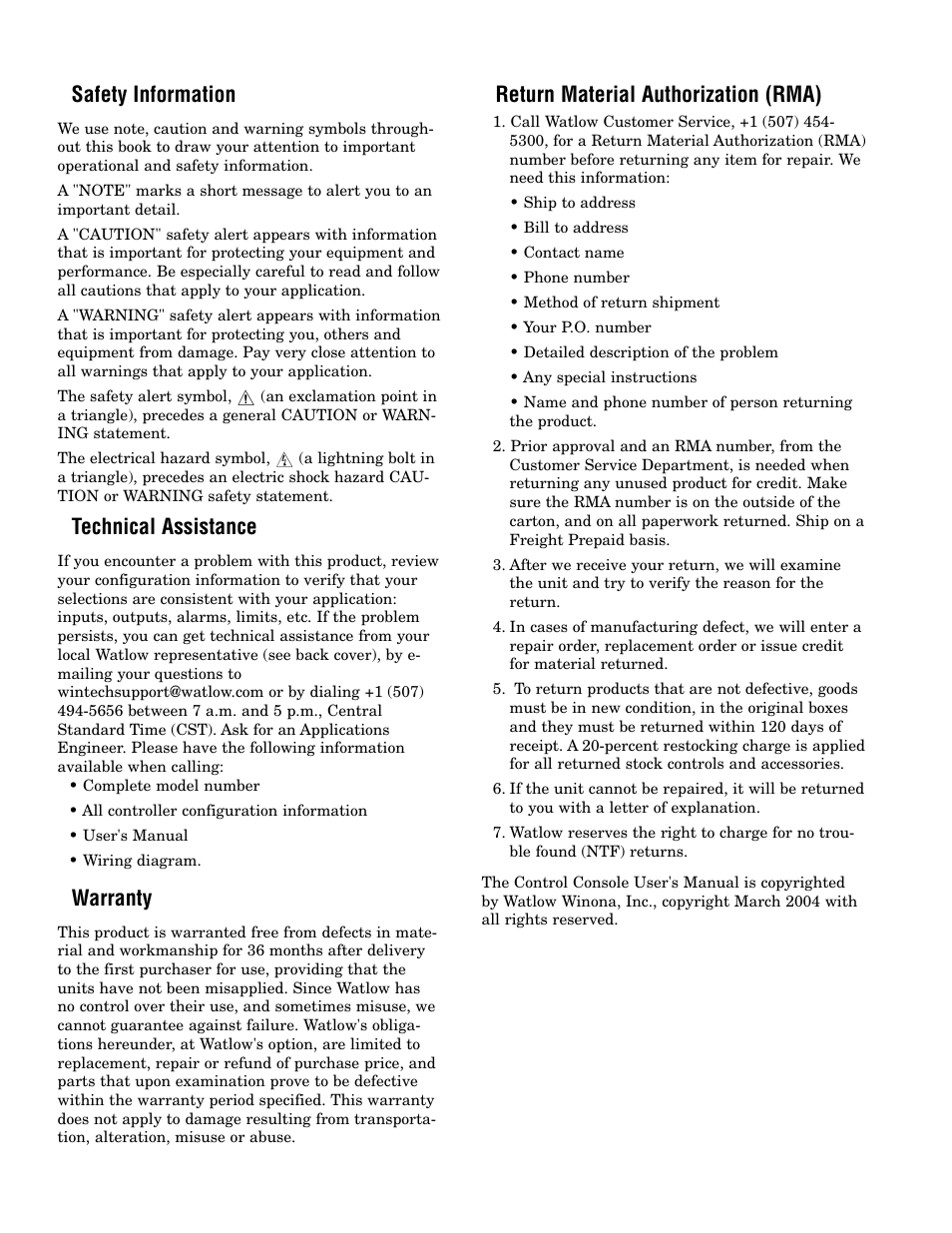 Safety information, Technical assistance, Warranty | Return material authorization, Return material authorization (rma) | Watlow Control Console User Manual | Page 2 / 12