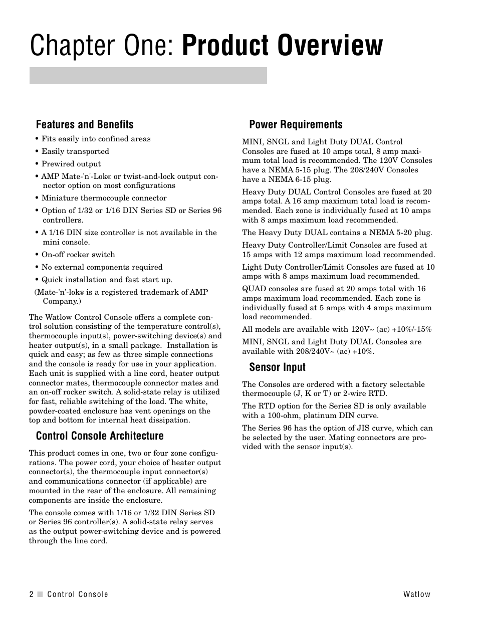 Chapter one, Product overview, Features and benefits | Control console architecture, Power requirements, Sensor input, Chapter one: product overview | Watlow Control Console User Manual | Page 4 / 12