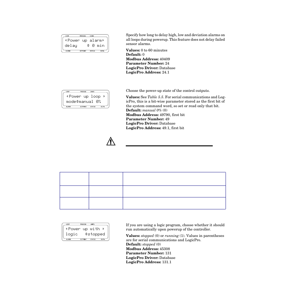 Power up alarm delay, Power up loop mode, Power up with logic | Table 5.5—power up loop modes 100 | Watlow CPC400 User Manual | Page 114 / 230