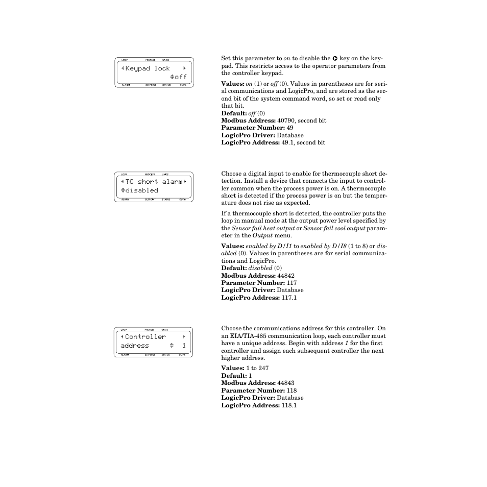 Keypad lock, Thermocouple short alarm, Controller address | Watlow CPC400 User Manual | Page 115 / 230