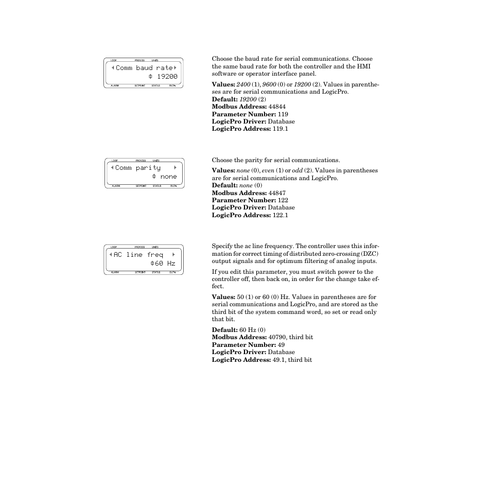 Communications baud rate, Communications parity, Ac line frequency | Watlow CPC400 User Manual | Page 116 / 230