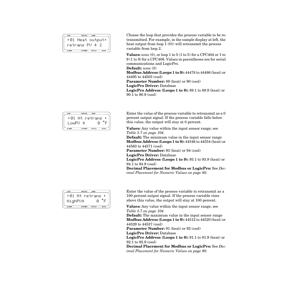 Heat/cool output retransmit, Heat/cool retransmit low process variable, Heat/cool retransmit high process variable | Watlow CPC400 User Manual | Page 140 / 230