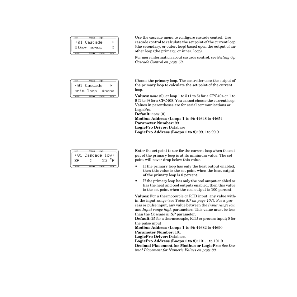 Cascade menu, Cascade primary loop, Cascade low set point | Cascade menu 127 | Watlow CPC400 User Manual | Page 141 / 230