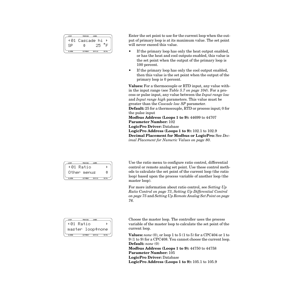 Cascade high set point, Ratio menu, Ratio master loop | Ratio menu 128 | Watlow CPC400 User Manual | Page 142 / 230