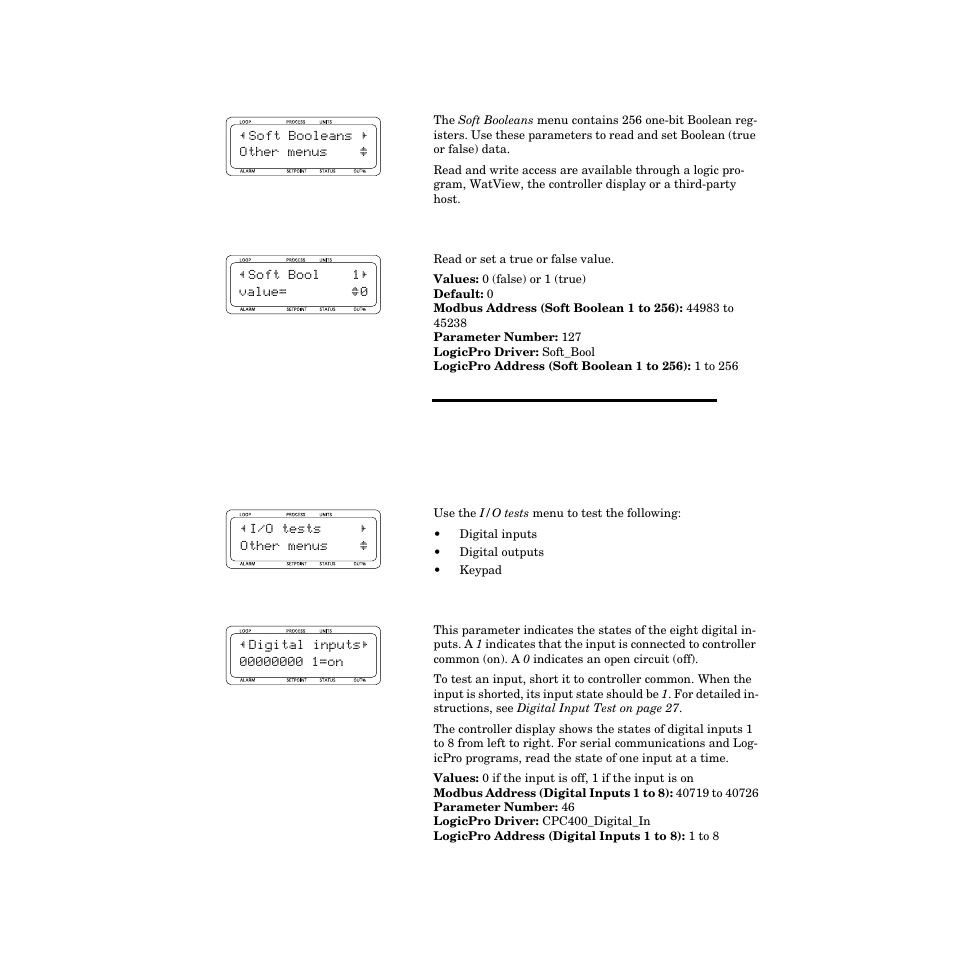 Soft booleans menu, Soft boolean value, I/o tests menu | Digital inputs, Soft booleans menu 131 i/o tests menu 131 | Watlow CPC400 User Manual | Page 145 / 230