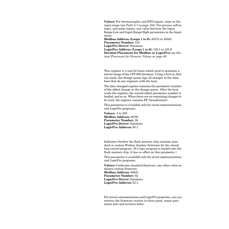 Data changed register, Firmware identification, Firmware version | Watlow CPC400 User Manual | Page 149 / 230