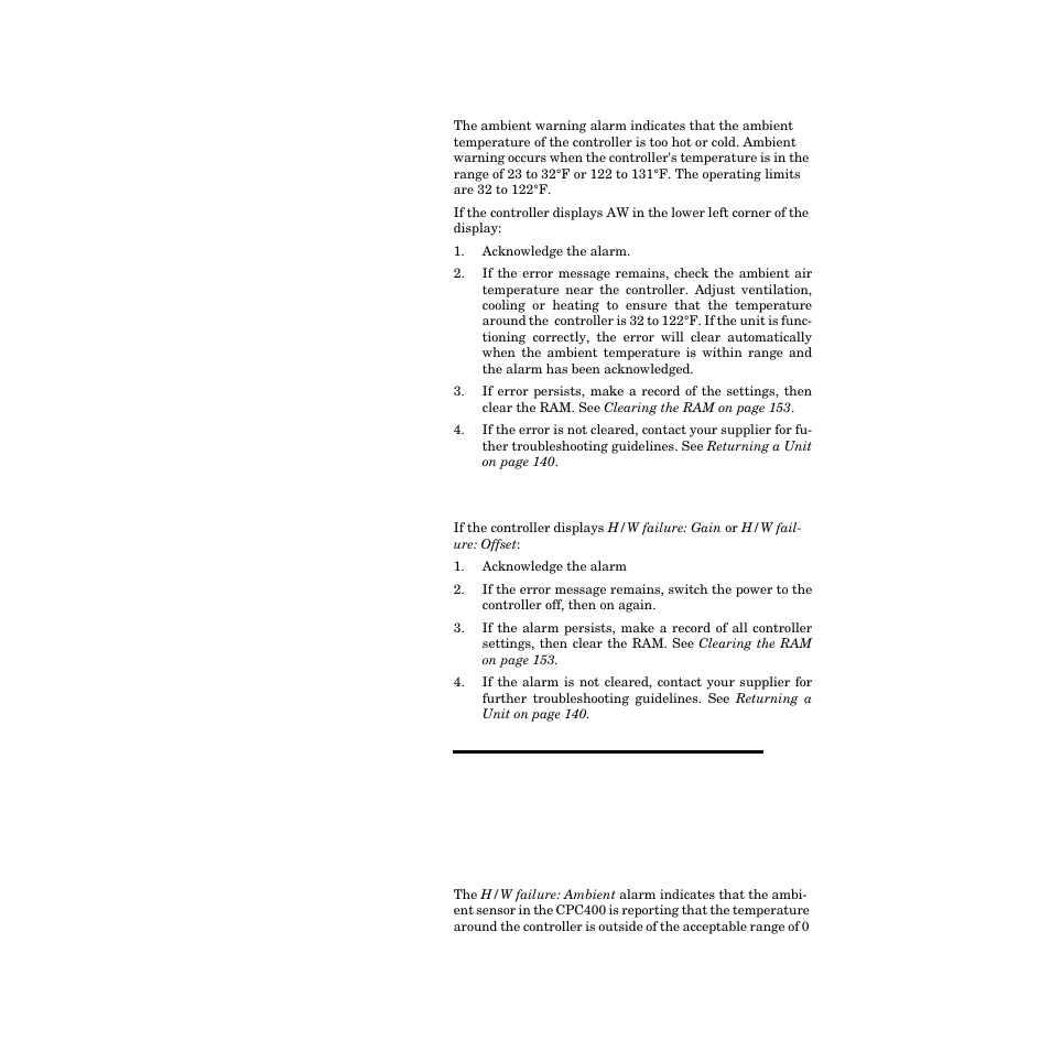 Ambient warning, H/w failure: gain or offset, H/w failure: ambient | Of 0 to 50°c. see, H/w fail | Watlow CPC400 User Manual | Page 160 / 230