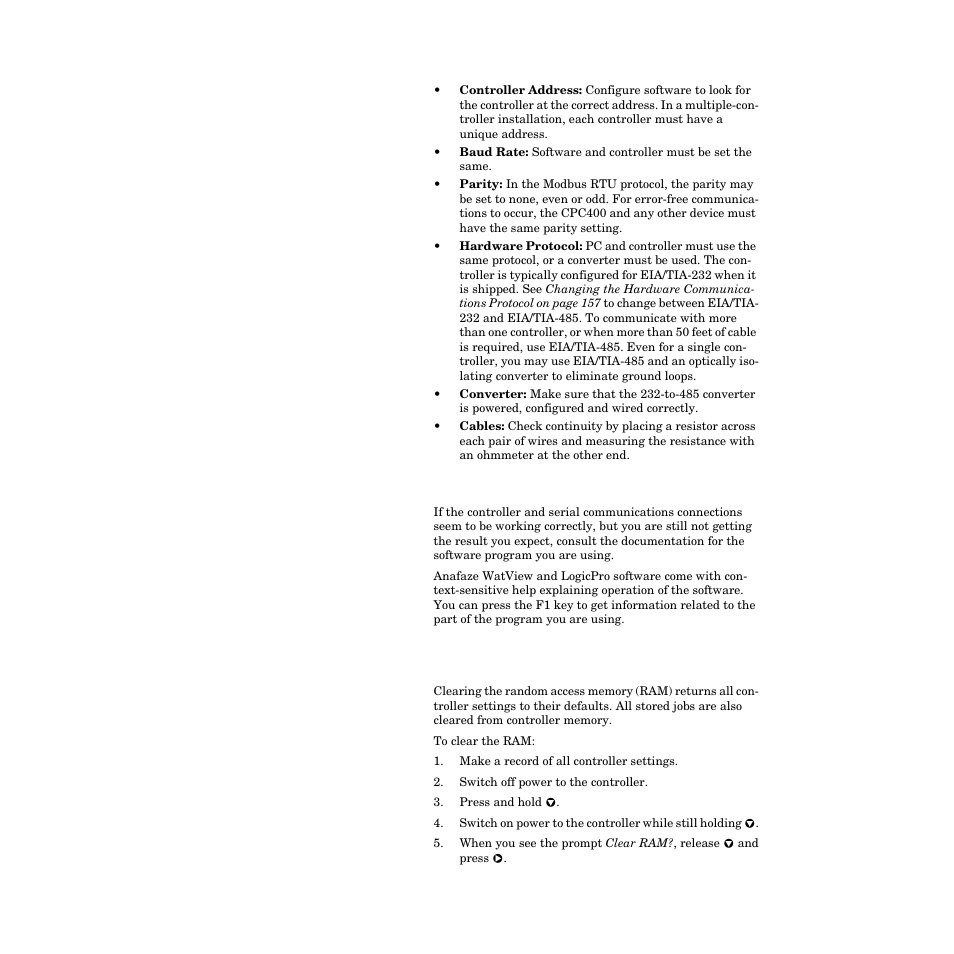 Software problems, Clearing the ram, Clearing the ram 153 | Clearing the ram on | Watlow CPC400 User Manual | Page 167 / 230