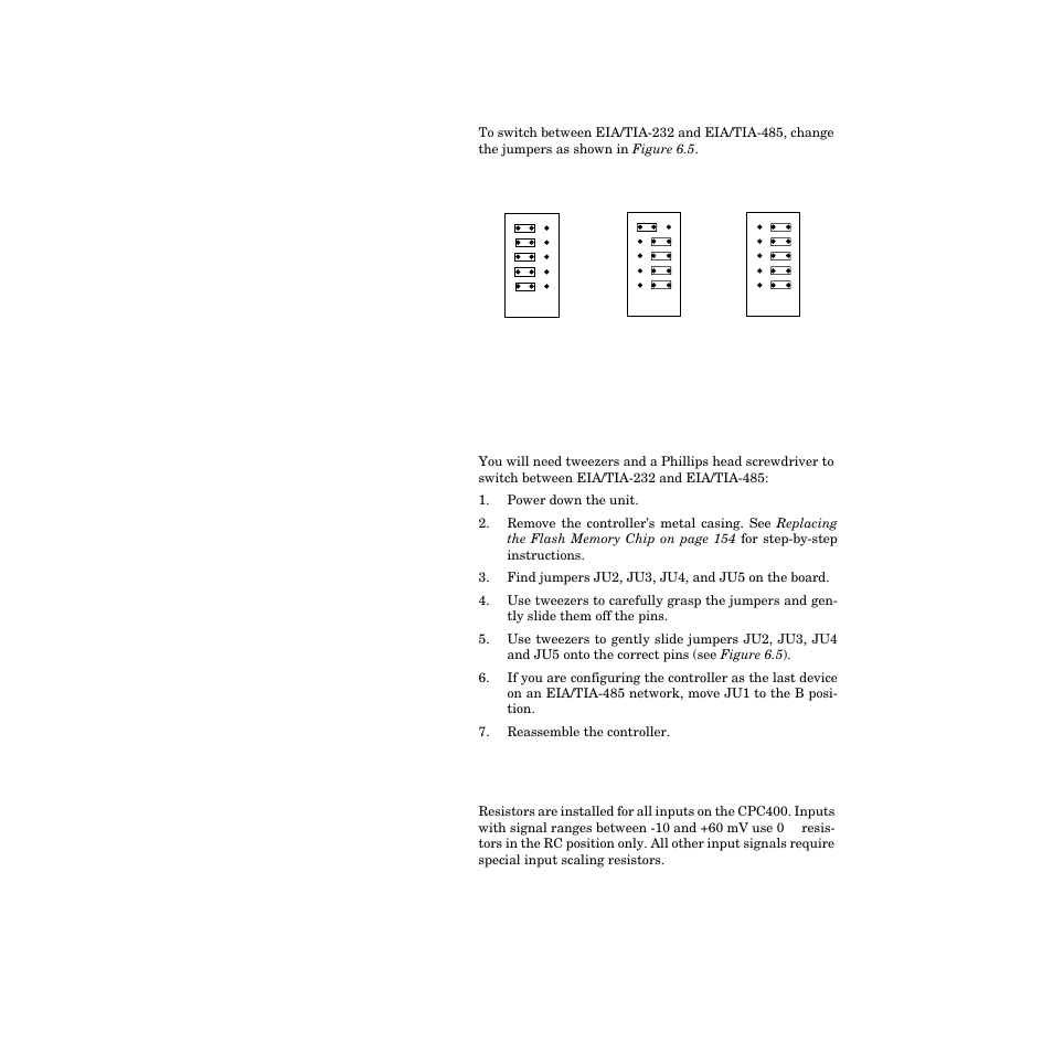 Changing the hardware communications protocol, Installing scaling resistors, Figure 6.5—jumper configurations 157 | Watlow CPC400 User Manual | Page 171 / 230