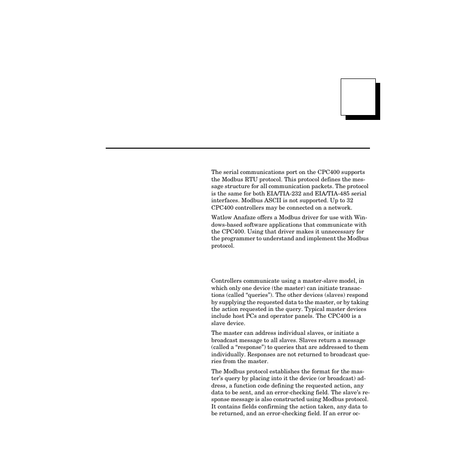 Appendix a: modbus protocol, Master-slave model, Appendix a: modbus protocol 183 | Master-slave model 183 | Watlow CPC400 User Manual | Page 197 / 230