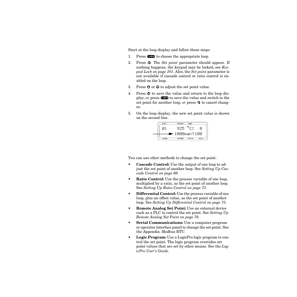 Changing the set point, How to manually change the set point, Other methods of changing the set point | Changing the set point 54 | Watlow CPC400 User Manual | Page 68 / 230
