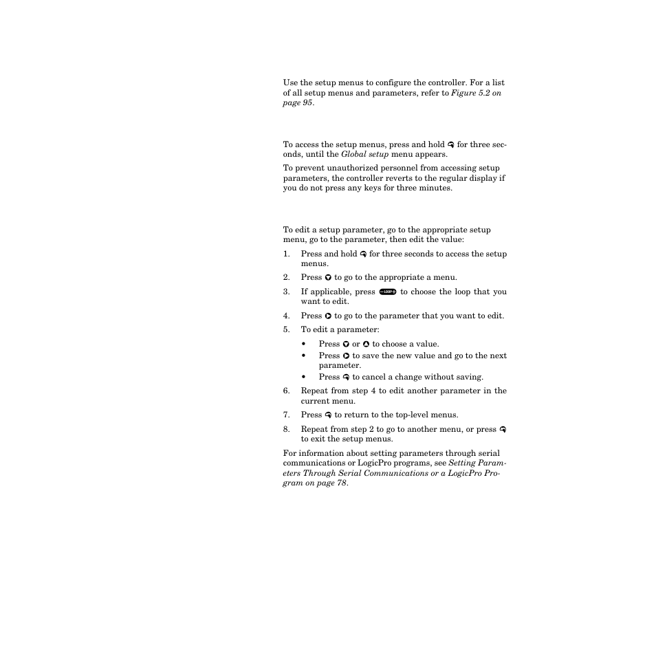 Accessing and navigating the setup menus, How to access the setup menus, How to edit a setup parameter | Accessing and navigating the setup menus 56 | Watlow CPC400 User Manual | Page 70 / 230