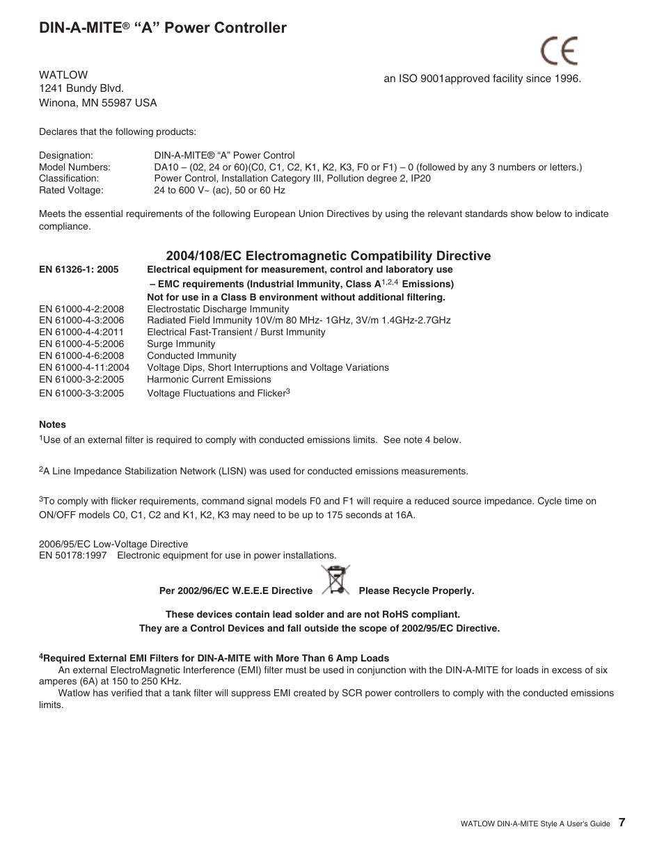 Din-a-mite, A” power controller | Watlow DIN-A-MITE Style A User Manual | Page 7 / 9