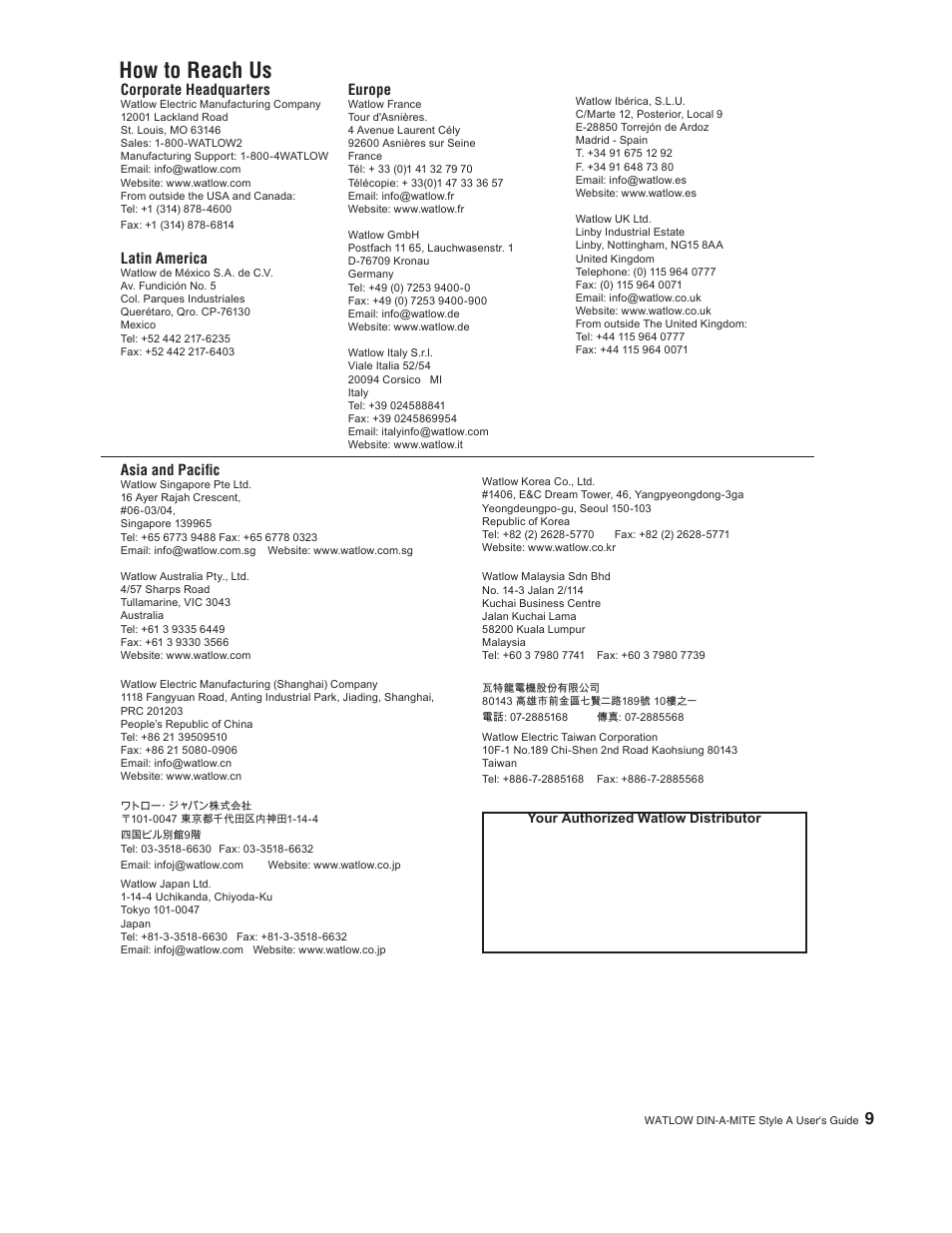 How to reach us, Corporate headquarters, Latin america | Europe, Asia and pacifi c | Watlow DIN-A-MITE Style A User Manual | Page 9 / 9