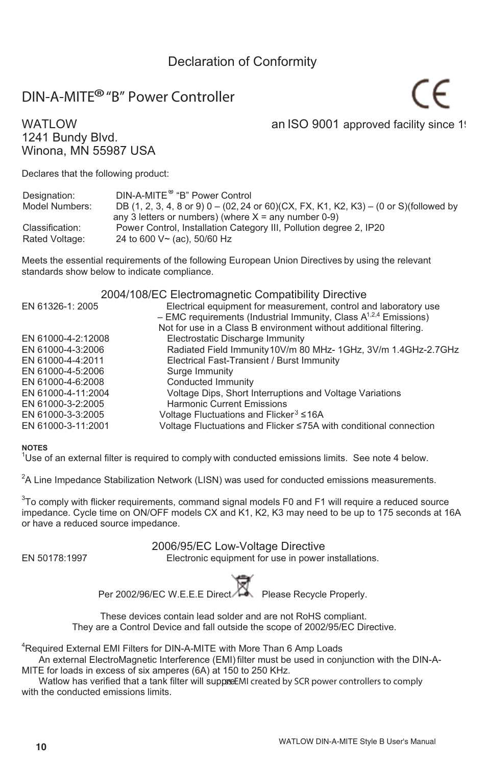 Din-a-mite, B” power controller, Declaration of conformity | Watlow, Iso 9001, 1241 bundy blvd | Watlow DIN-A-MITE Style B User Manual | Page 10 / 14
