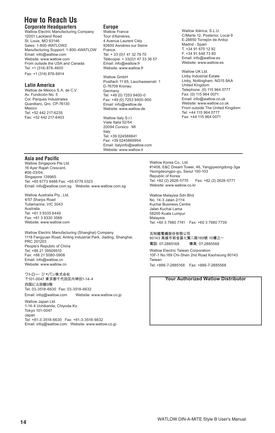 How to reach us | Watlow DIN-A-MITE Style B User Manual | Page 14 / 14