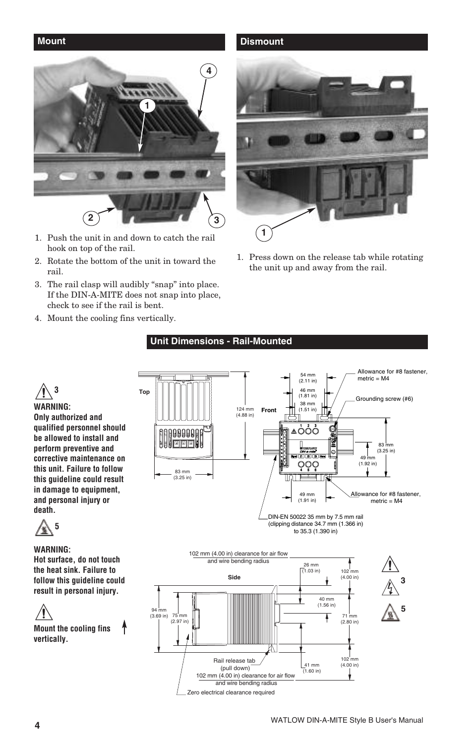 12 mount dismount, Unit dimensions - rail-mounted, Mount the cooling fins vertically | Watlow DIN-A-MITE Style B User Manual | Page 4 / 14