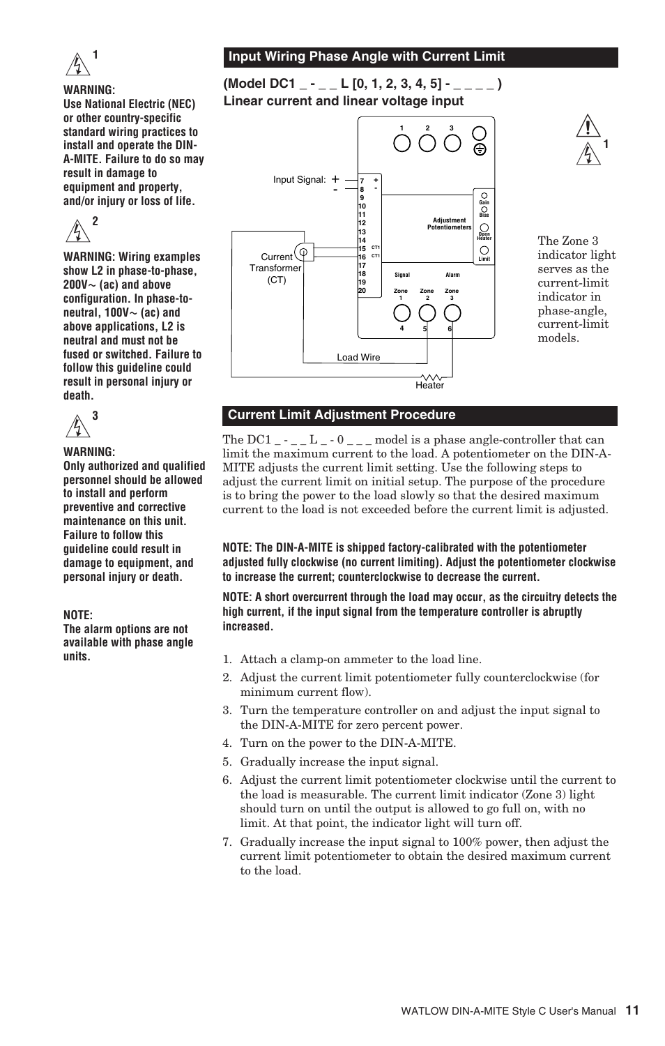 Input wiring phase angle with current limit, Current limit adjustment procedure | Watlow DIN-A-MITE Style C User Manual | Page 11 / 22