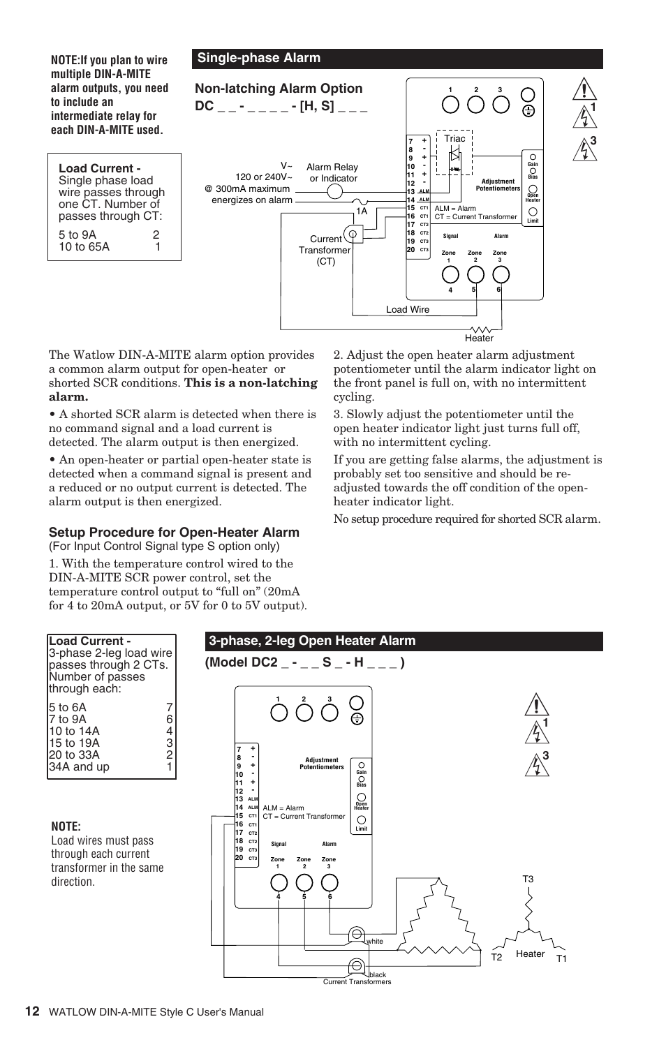 Setup procedure for open-heater alarm, Phase, 2-leg open heater alarm, Model dc2 _ - _ _ s _ - h _ _ _ ) | Watlow DIN-A-MITE Style C User Manual | Page 12 / 22