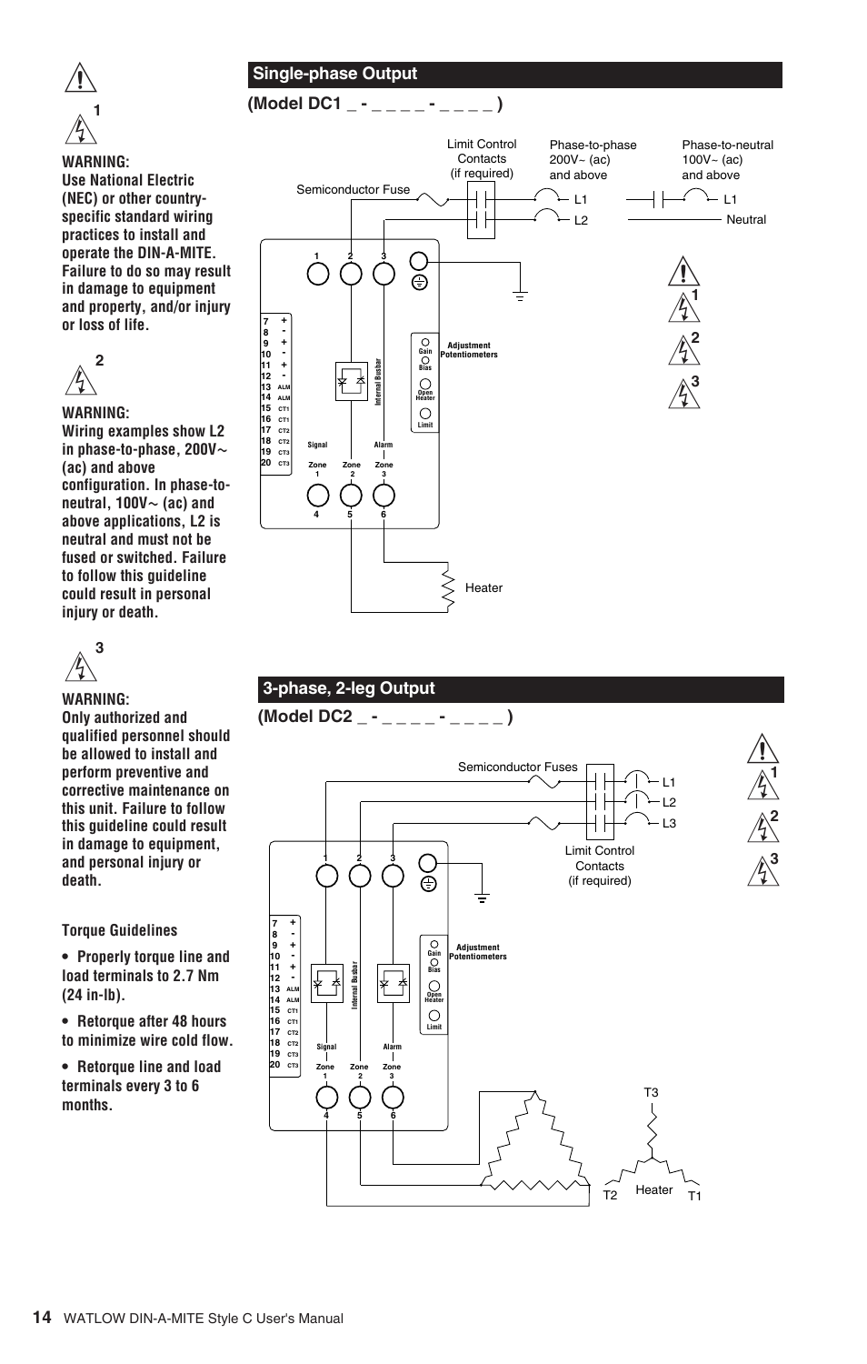 Single-phase output, Phase, 2-leg output | Watlow DIN-A-MITE Style C User Manual | Page 14 / 22