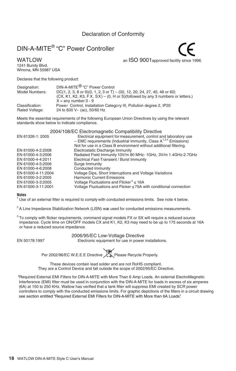 Din-a-mite, C” power controller, Declaration of conformity | Watlow, Iso 9001 | Watlow DIN-A-MITE Style C User Manual | Page 18 / 22