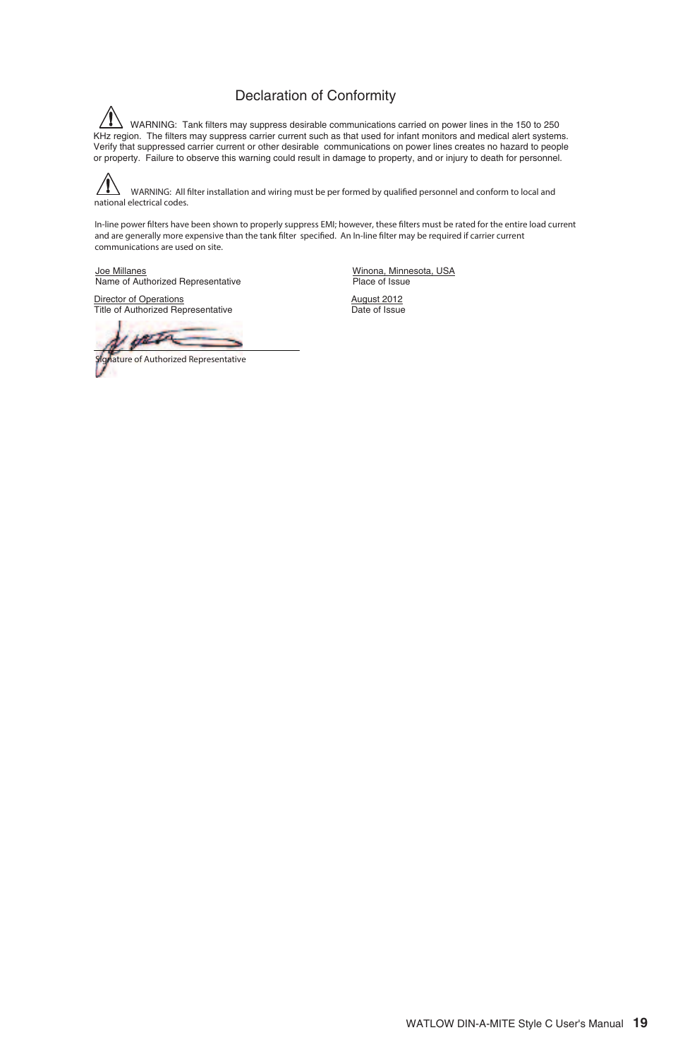 Declaration of conformity | Watlow DIN-A-MITE Style C User Manual | Page 19 / 22