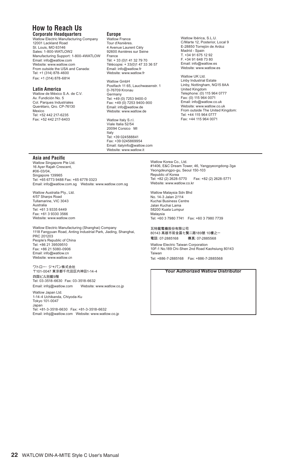 How to reach us | Watlow DIN-A-MITE Style C User Manual | Page 22 / 22