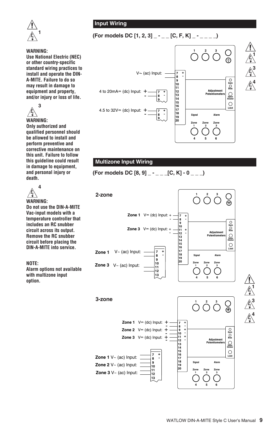 Input wiring, Zone 3-zone multizone input wiring, For models dc [8, 9] _ - _ _ _[c, k] - 0 _ _ _) | Watlow DIN-A-MITE Style C User Manual | Page 9 / 22