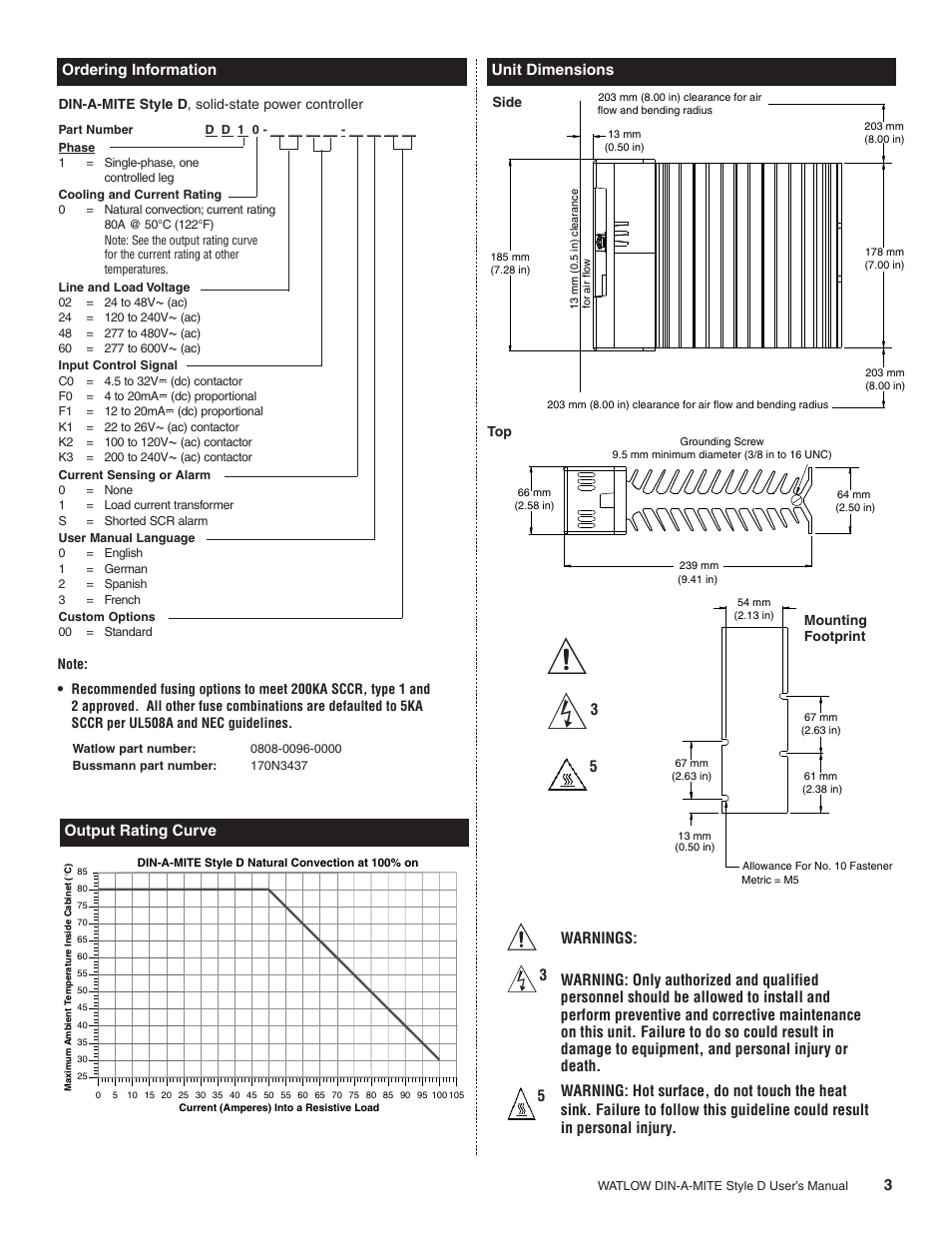 Ordering information output rating curve, Unit dimensions, Warnings | Watlow DIN-A-MITE Style D User Manual | Page 3 / 9