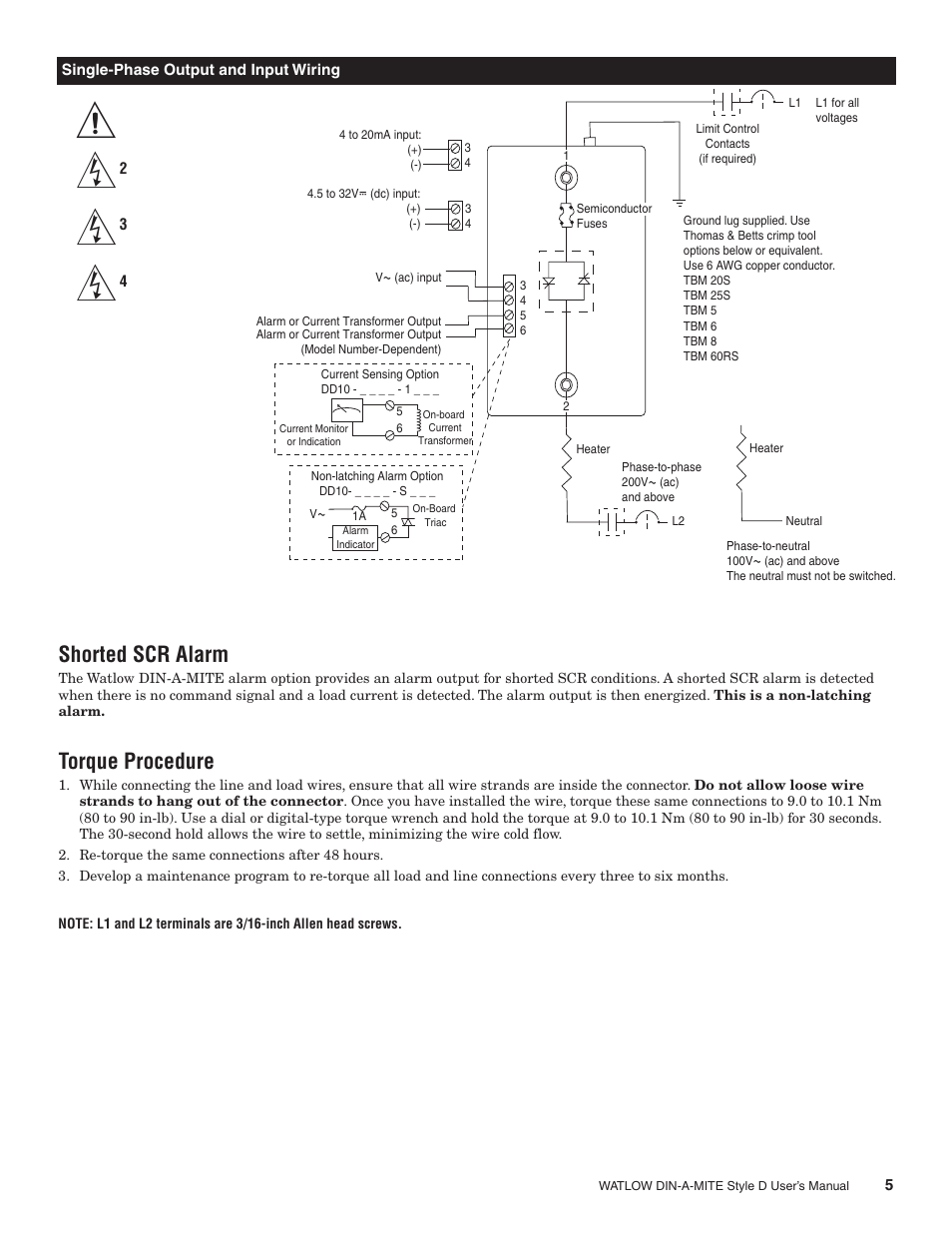 Shorted scr alarm, Torque procedure | Watlow DIN-A-MITE Style D User Manual | Page 5 / 9