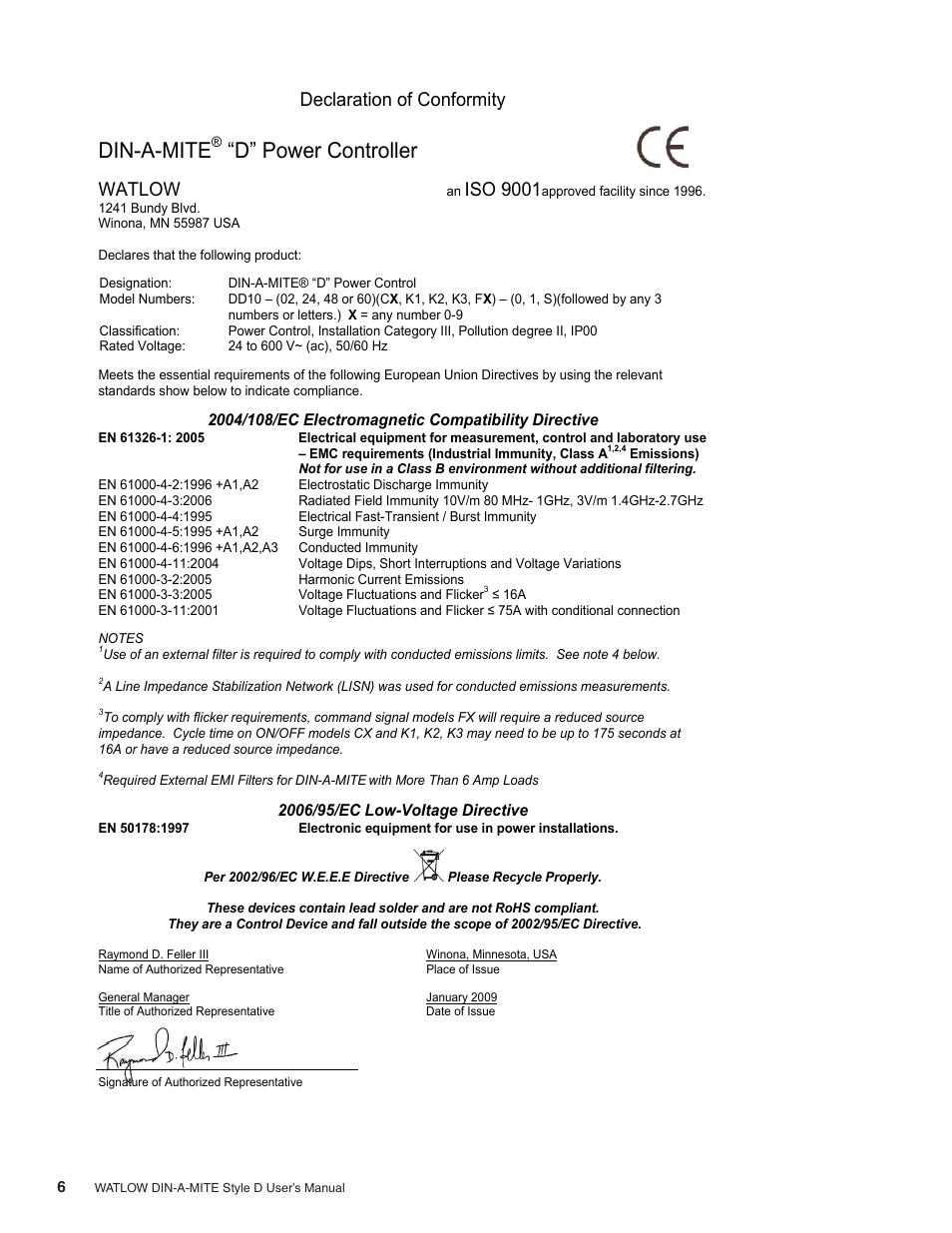 Din-a-mite, D” power controller, Declaration of conformity | Watlow, Iso 9001 | Watlow DIN-A-MITE Style D User Manual | Page 6 / 9