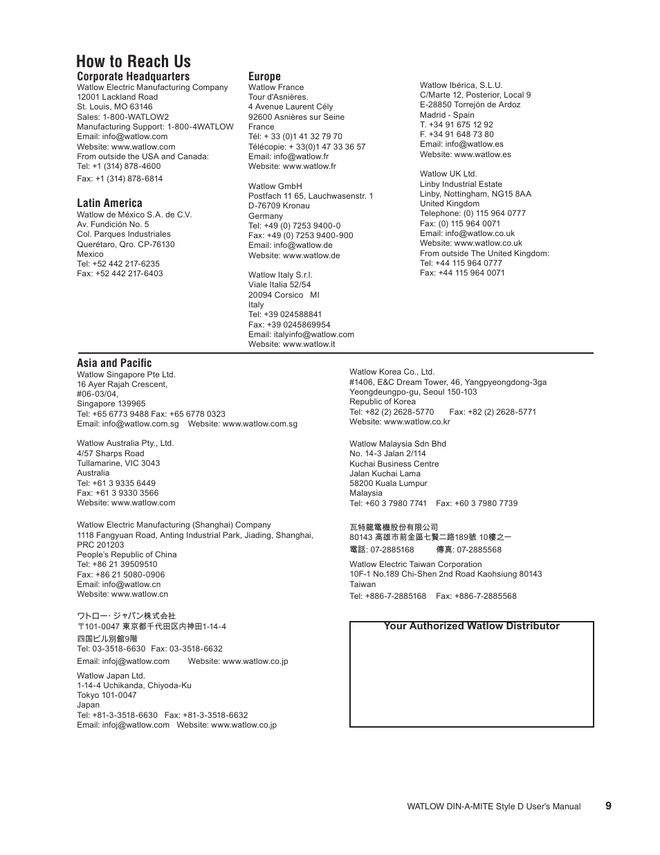 How to reach us, Corporate headquarters, Latin america | Europe, Asia and pacifi c | Watlow DIN-A-MITE Style D User Manual | Page 9 / 9