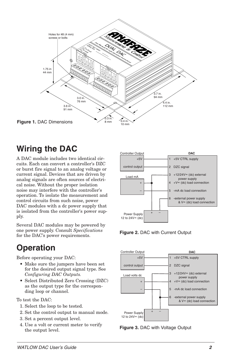 Wiring the dac, Operation, Du al da c | Watlow dac user’s guide 2, Figure 1. dac dimensions | Watlow Dual DAC User Manual | Page 2 / 4