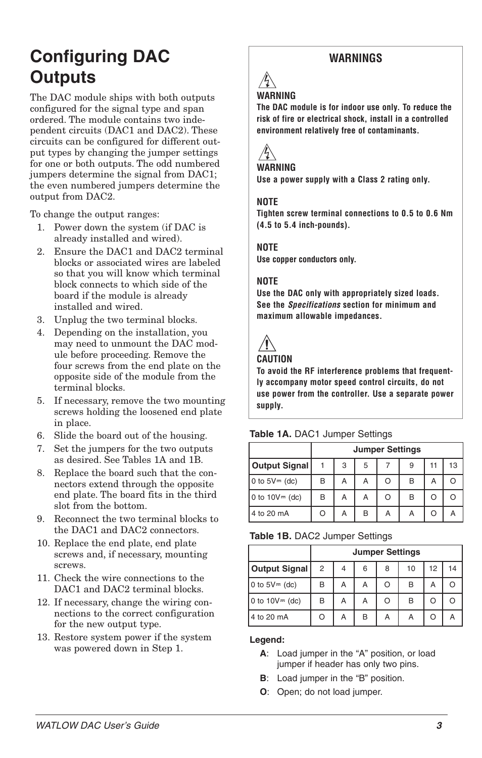 Configuring dac outputs, Warnings | Watlow Dual DAC User Manual | Page 3 / 4