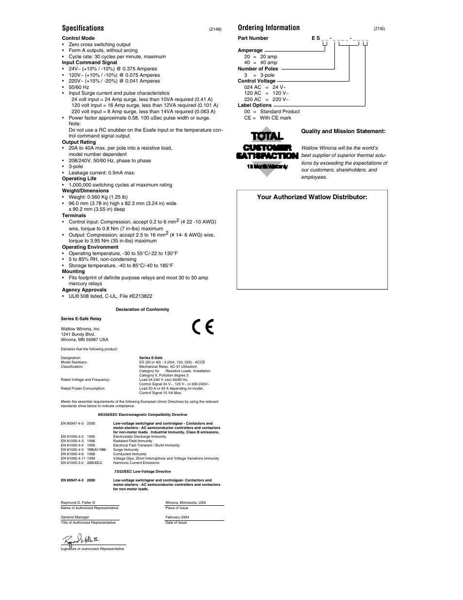 Specifications, Ordering information, Your authorized watlow distributor | Watlow E-Safe Hybrid Relay Rev B User Manual | Page 4 / 4