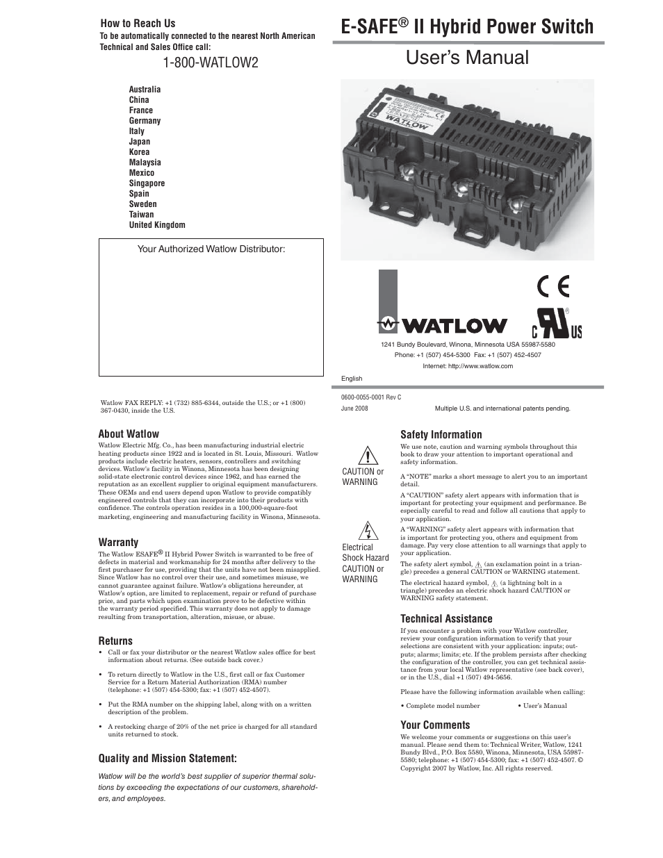 Watlow E-SAFE II Hybrid Power Switch User Manual | 4 pages