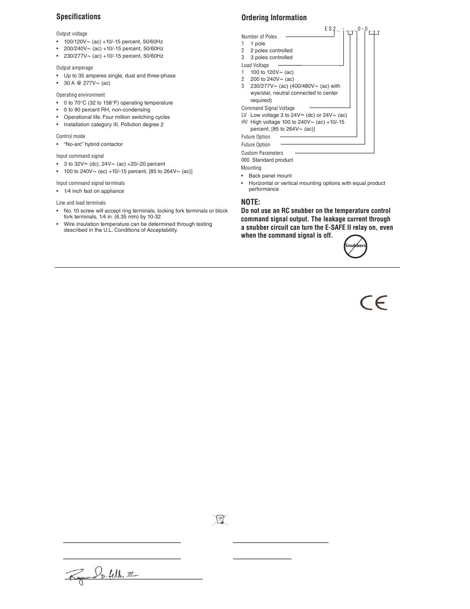 Ordering information, Specifications, Series esafe ii relay | Declaration of conformity, Watlow winona, inc | Watlow E-SAFE II Hybrid Power Switch User Manual | Page 4 / 4