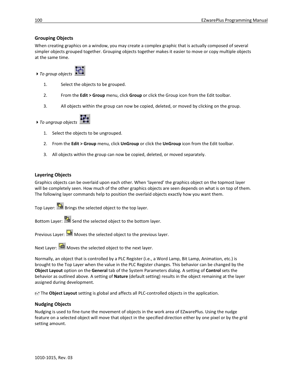 Grouping objects, Layering objects, Nudging objects | Watlow EZwarePlus Programming User Manual | Page 108 / 264