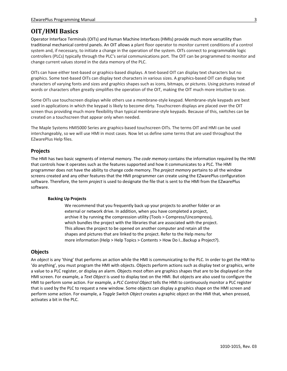 Oit/hmi basics, Projects, Backing up projects | Objects | Watlow EZwarePlus Programming User Manual | Page 11 / 264