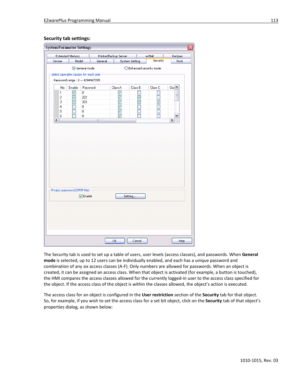 Security tab settings | Watlow EZwarePlus Programming User Manual | Page 121 / 264