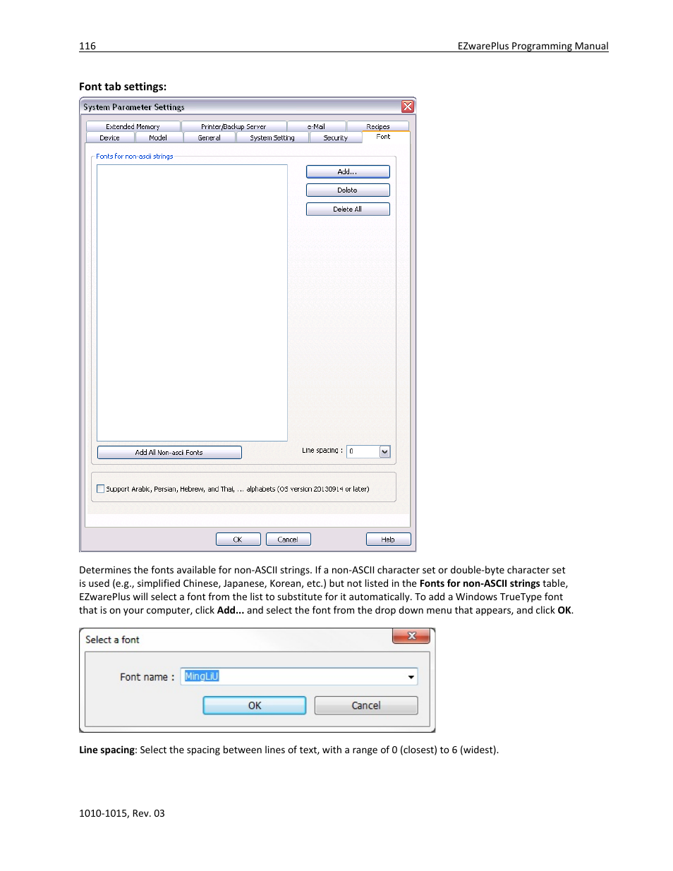Font tab settings | Watlow EZwarePlus Programming User Manual | Page 124 / 264